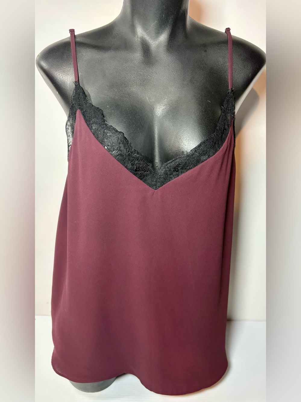 Babaton Burgundy Satin Slip with Black Lace Trim